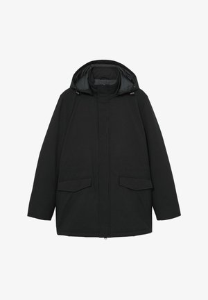 Čierna kapucňa parka bunda s hladkým vonkajším povrchom, dvoma prednými vreckami a zipsovým uzáverom. Podšitý interiér s nastaviteľnými šnúrkami.