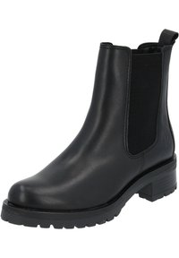 Bota de tobillo de cuero negro con paneles laterales elásticos, suela de goma texturizada y una lengüeta en el talón para ponérsela fácilmente.