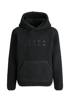 Haut à capuche en polaire noire, avec une capuche, poche kangourou sur le devant et logo en relief. Texture douce, design confortable et manches longues.