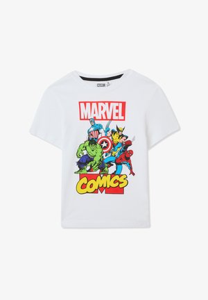 Biała bawełniana koszulka z kolorowymi postaciami z komiksów Marvel: Hulk, Spider-Man, Kapitan Ameryka i Wolverine, z napisem "MARVEL COMICS".