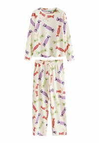 Zweiteiliger Pyjama-Satz aus weichem, geripptem Stoff. Das Oberteil hat einen runden Ausschnitt; beide Teile sind mit bunten Bonbon-Mustern auf einem cremefarbenen Hintergrund dekoriert.