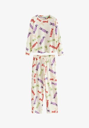 Sæt med to dele af blødt, ribbet stof. Trøjen har en rund halsudskæring; begge dele er dekoreret med farverige slikmønstre på en kridhvid baggrund.