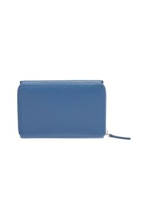 Blue leather wallet with a smooth texture, rectangular shape, and zip closure. Features a small leather pull tab and minimal stitching.