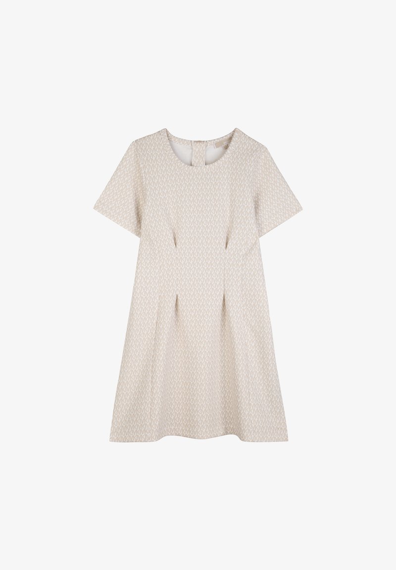 Κοντό φόρεμα σε μπεζ απόχρωση με γραμμή Α, με κοντά μανίκια και διακριτικό επαναλαμβανόμενο γεωμετρικό μοτίβο, με στρογγυλή λαιμόκοψη και κλείσιμο με κουμπιά στην πλάτη.