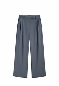 Grijze wijde broek met plooien, gemaakt van gladde stof. Heeft voorzakken en een op maat gemaakte tailleband voor een gestructureerde pasvorm.