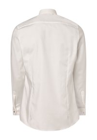 Weißes Langarmshirt mit glatter Textur, klassischem Kragen und knöpfbaren Manschetten. Der Rücken hat eine zentrale Naht und einen leicht abgerundeten Saum.