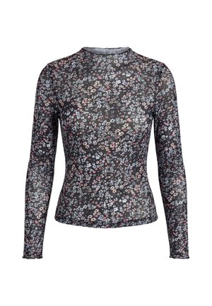 Schwarzes eng anliegendes Langarmshirt mit kleinem weißem, rosa und blauem Blumenmuster und rundem Halsausschnitt.