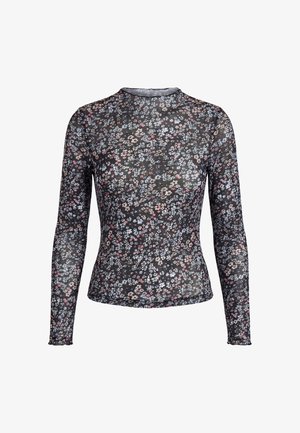 Schwarzes eng anliegendes Langarmshirt mit kleinem weißem, rosa und blauem Blumenmuster und rundem Halsausschnitt.