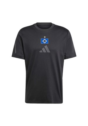 T-shirt noir à manches courtes avec un logo losange bleu et blanc surmonté d'une étoile au-dessus d'un grand logo gris Adidas sur la poitrine.