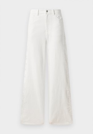 White wide-leg jeans made of denim featuring side embroidery patterns and traditional five-pocket design. Zipper closure with a button.