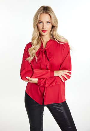 Bluză roșie din mătase cu o fundă la guler, mâneci lungi și un tiv curbat. Puritată peste pantaloni negri strălucitori. Fundal neutru.