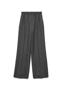 Pantalons à jambe large en tissu gris foncé avec une taille élastique, présentant une texture lisse et sans poches visibles ni motifs.
