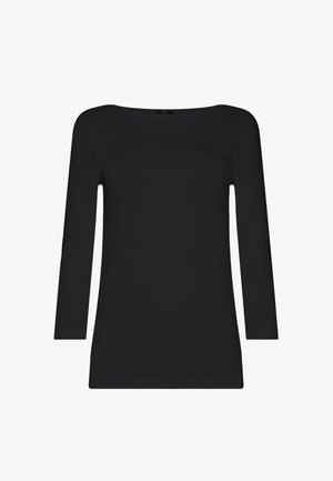 Haut noir à manches longues avec un décolleté bateau, fabriqué à partir d'un tissu lisse. Présente une coupe droite et un design sans coutures ni embellissements.