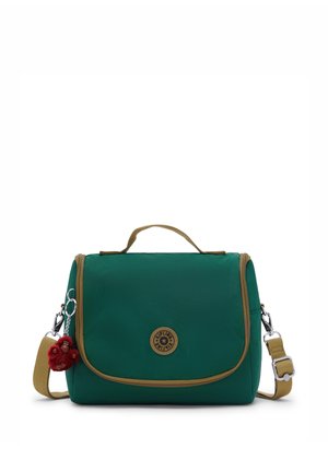 Grüne und braune Schultertasche mit Tragegriff oben, rundem Logo-Patch, verstellbarem Riemen und kleinem roten Affen-Schlüsselanhänger.