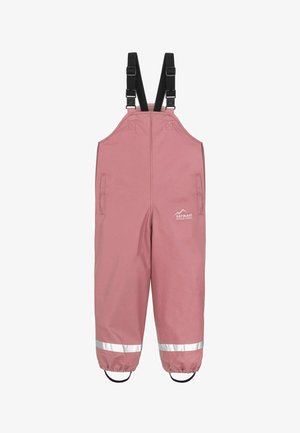 Pink waterproof overalls with black adjustable straps, reflective silver accents, and side pockets. Made of durable, smooth fabric.