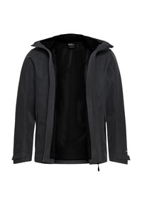 Schwarze wasserdichte Jacke mit Kapuze, durchgehendem Reißverschluss, Netzfutter und verstellbaren Bundmanschetten. Glattes Material, minimalistisches Design, Details mit Außentaschen.