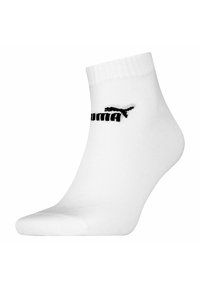 Weiße Knöchelsocke aus Baumwollmischung, mit geripptem Bund, glatter Textur und schwarzem Puma-Logo auf der Seite gedruckt.