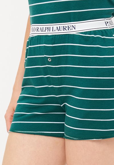 Zelené a biele pruhované šortky z jemného materiálu s širokým pásom s nápisom "POLO RALPH LAUREN" a detailom gombíka.