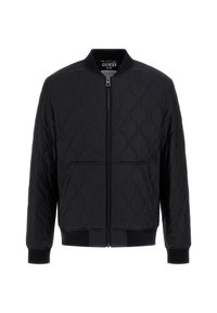 Chaqueta bomber acolchada negra con cierre de cremallera en la parte delantera, puños y dobladillo acanalados. Presenta una textura suave y un sutil patrón de olas en la tela.