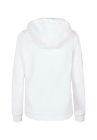 Hanorac alb cu glugă și șnur, mâneci lungi și o textură moale. Are un design simplu, cu manșete și tiv ribbate.