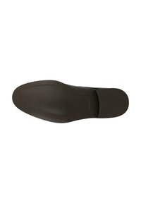 Chaussure habillée pour homme à semelle en cuir vue de dessous, montrant une semelle lisse avec des coutures visibles et un petit logo de marque embossé.