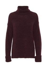 Bordeaux pullover trui met een hoge halslijn, lange mouwen, geribbelde manchetten en een zachte, textuurgebreide afwerking. Ontspannen pasvorm voor comfort.