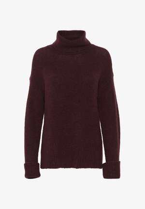 Pull en bourgogne à col montant, avec des manches longues, des poignets côtelés et une finition en tricot doux et texturé. Coupe décontractée pour plus de confort.