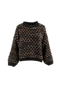 Maglione lavorato a maglia con base nera, caratterizzato da un motivo geometrico multicolore. Maniche lunghe, collo giro e tessuto testurizzato offrono calore.