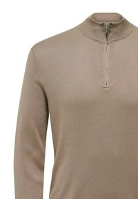 Pullover khaki con colletto alto, presenta una zip frontale a un quarto, realizzato in un morbido tessuto a maglia testurizzato, con maniche lunghe e una silhouette aderente.