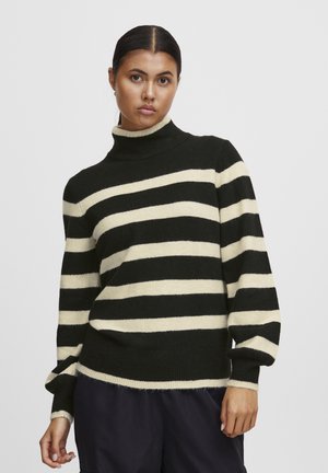 Svart og kremfarget stripet turtleneck genser med lange ermer, laget av mykt materiale, og har ribbestrikket krage og hem detaljer.