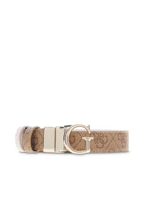 Ceinture marron texturée avec un motif subtil et une grande boucle brillante en forme de lettre G dorée.