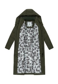 Long green parka with a hood, featuring a zippered front, snap buttons, and a gray and white abstract camouflage lining.