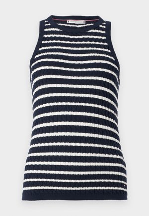 Marinblå och vit randig ärmlös topp med ribbad textur och rund halsringning. Har horisontella ränder och en figursydd design.