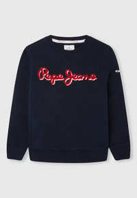 Felpa blu navy con scollo rotondo, polsini e fondo a coste, con il logo ricamato rosso "Pepe Jeans" sul davanti.