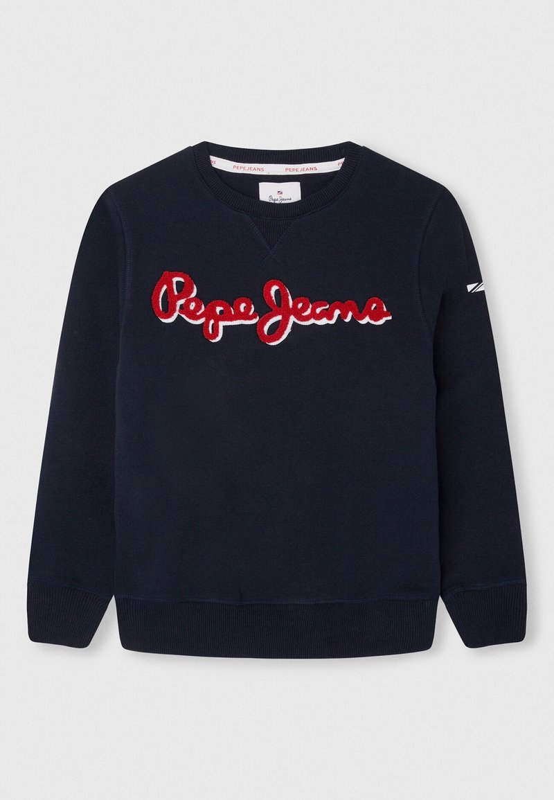 Felpa blu navy con scollo rotondo, polsini e fondo a coste, con il logo ricamato rosso "Pepe Jeans" sul davanti.