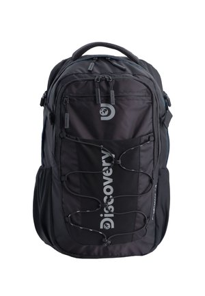 Black nylon backpack with multiple zippered compartments, a bungee cord front design, and a prominent white logo. Textured shoulder straps.