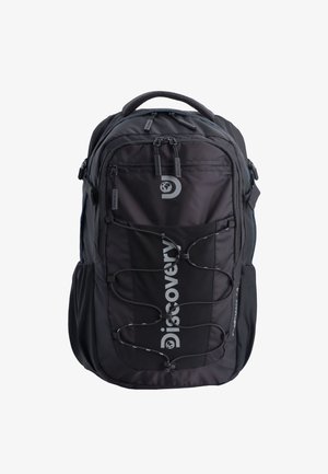 Black nylon backpack with multiple zippered compartments, a bungee cord front design, and a prominent white logo. Textured shoulder straps.
