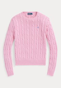 Roosa kaaberlõngaga pikkade varrukatega kampsun ümmarguse kaelusega ja väikese tikkpildiga Polo Ralph Laureni logoga rinnal.