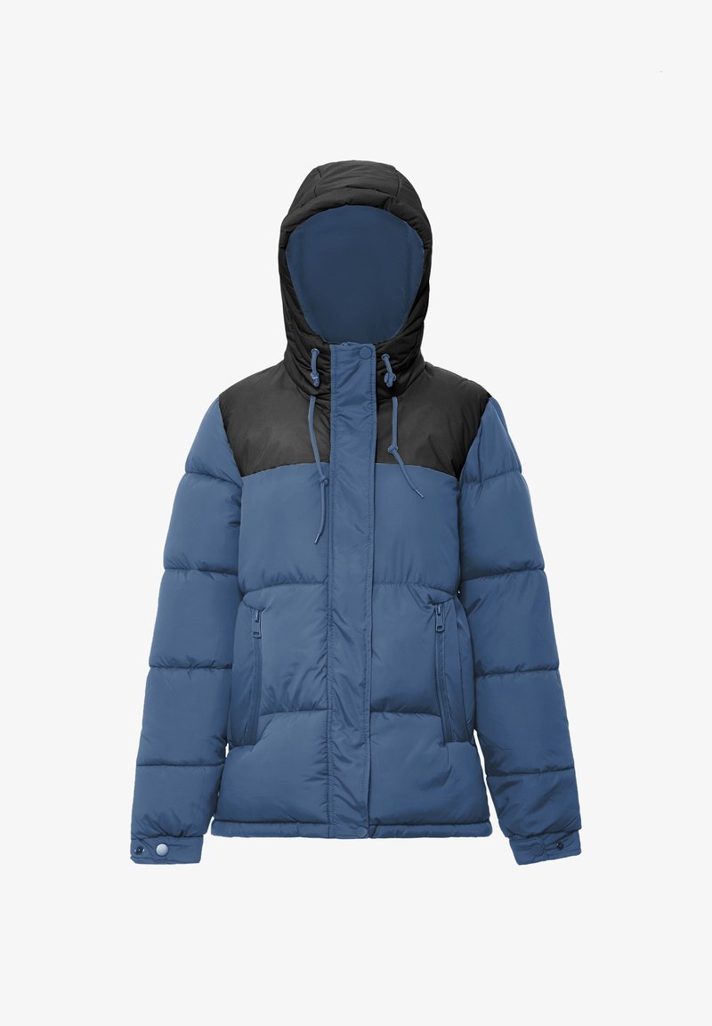 Giubbotto imbottito blu e nero con cappuccio, dotato di chiusura a zip e due tasche frontali. Il tessuto è liscio con una texture trapuntata.