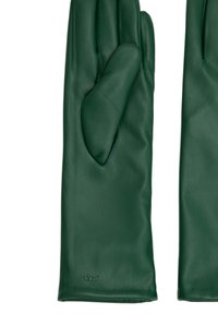 Grüne Lederhandschuhe mit glatter Textur, passgenauer Form und verstärkten Nähten. Emblem mit dem Markennamen "NALI" nahe dem Handgelenk.