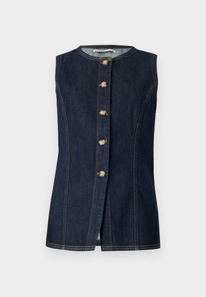 Bezramenný džínový vest v tmavomodrej farbe s okrúhlym krkom, predným zapínaním na gombíky a gombíkmi v zlatej farbe s ozdobným prešívaním.
