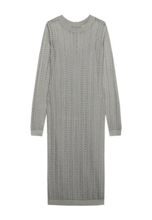 Grijze gebreide jurk met lange mouwen, een ronde halslijn en geribde manchetten, met een verticale ajourpatroon.