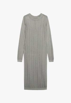 Grijze gebreide jurk met lange mouwen, een ronde halslijn en geribde manchetten, met een verticale ajourpatroon.