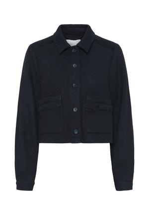 Jachetă neagră scurtă cu un model geometric texturat, având închidere cu nasturi, două buzunare frontale și un guler clasic.