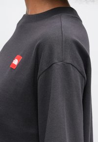 Felpa grigia in cotone con colletto tondo, caratterizzata da un piccolo patch con logo rosso sul lato sinistro e dettagli di cucitura visibili sulla spalla.