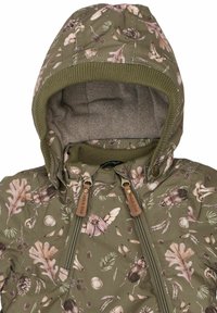 Zielona kurtka dziecięca z motywem kwiatów i owadów, z kapturem wyściełanym miękkim materiałem oraz brązowymi suwakami dla dodatkowego efektu.