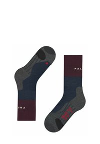 Mehrfarbige Socken in Dunkelblau, Grau und Burgunderrot; gerippter Stoff an der Oberseite, gepolsterte Ferse und Zehen; mit roten Markennamen und Größenangaben.