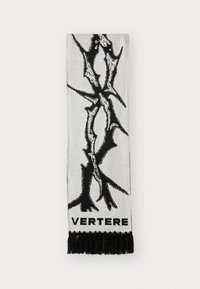 Woven scarf featuring a black thorn-like design on a white background, with black fringe at the ends and "VERTERE" text in bold.
