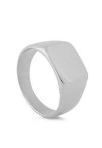 Silver metal ring with a square top, smooth finish, and rounded band. The design is simple and geometric without additional embellishments.