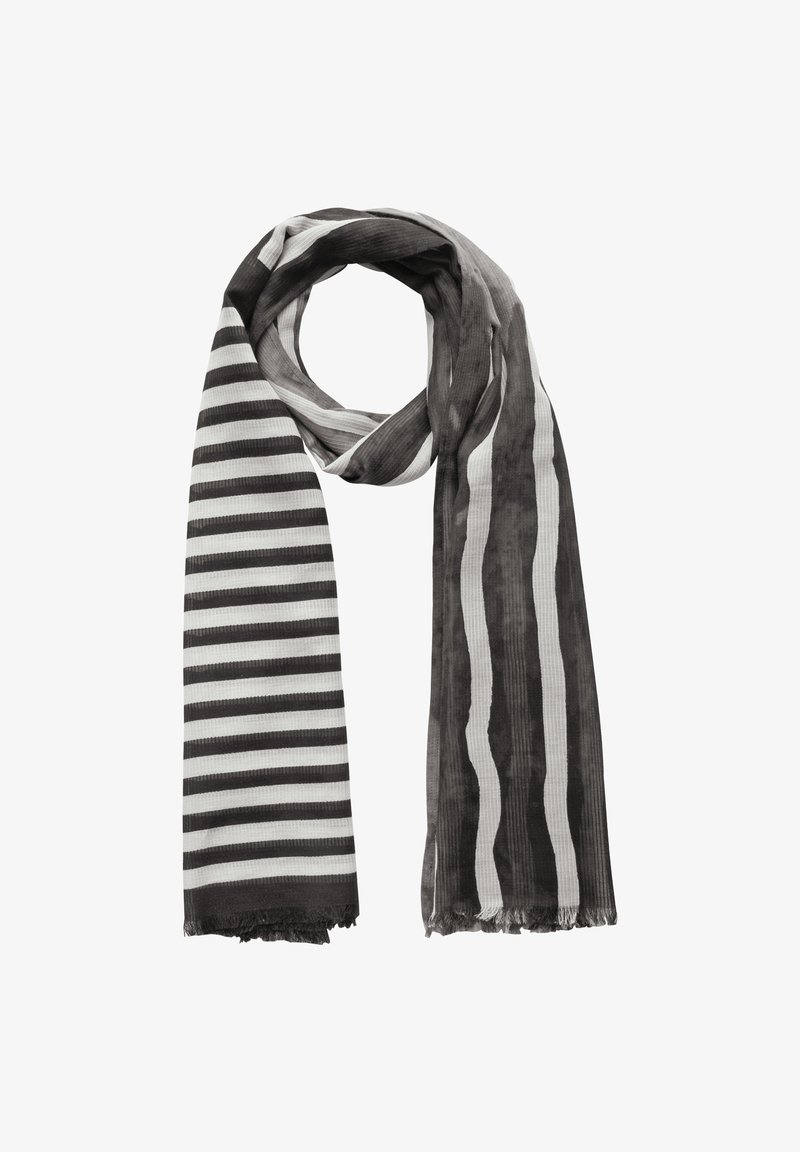 Écharpe rayée noir et blanc en tissu doux et texturé. Présente des rayures alternées fines et larges avec des bords effilochés.